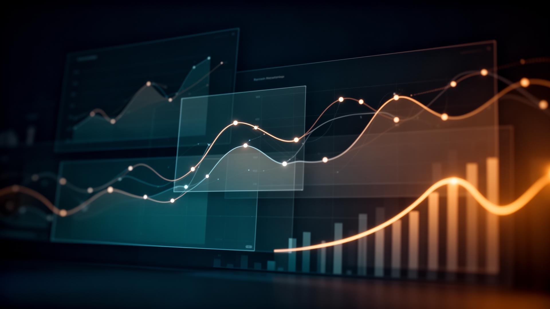 Abstract layered dashboard with glowing line and bar charts