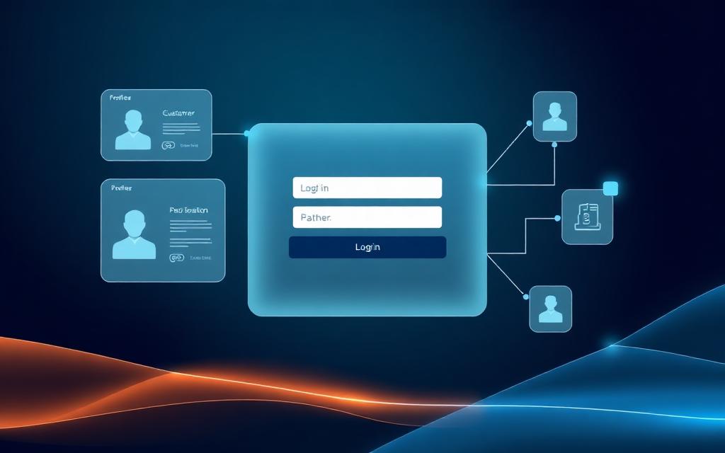 Abstract visualisation of customer and partner self-service portals with secure digital gateways